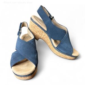 CLARKS Collection Navy Cross Suede Wedge Sandals 9 1/2 Cork Sole Good Condition